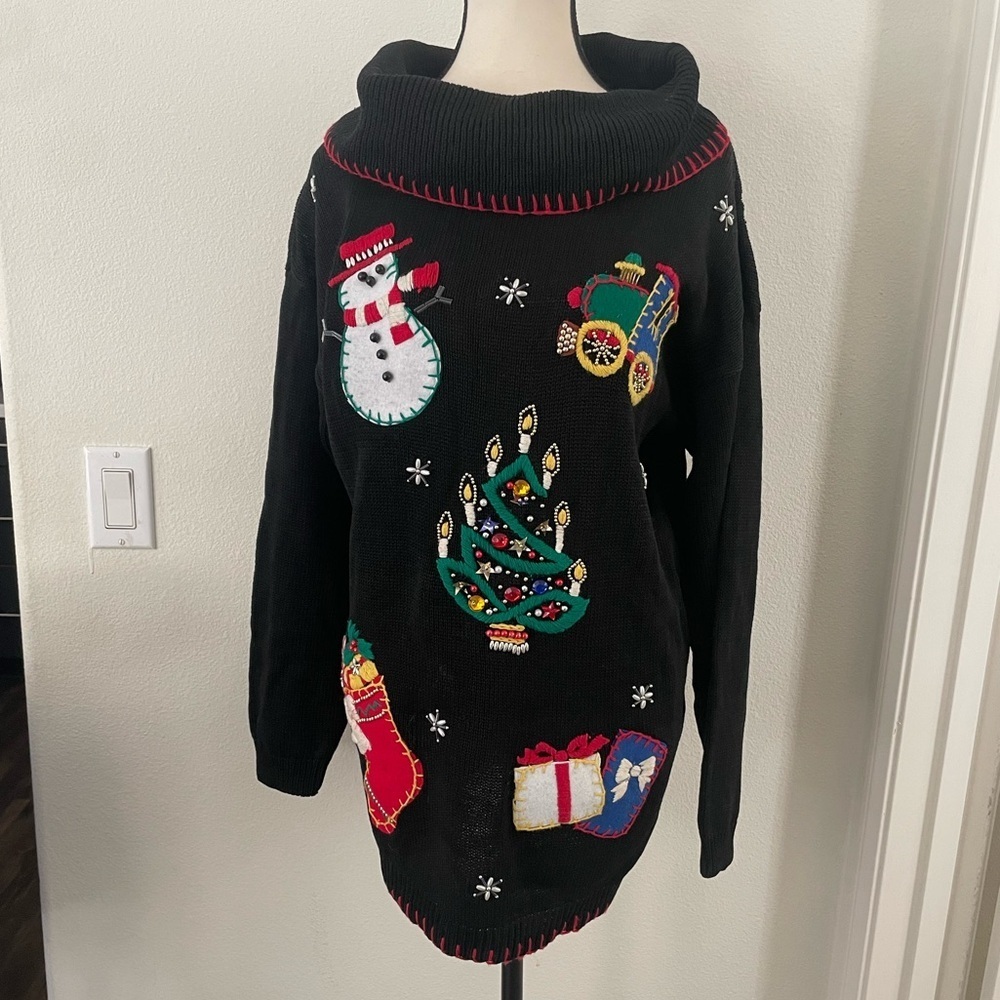 Victoria Jones Vintage Christmas Sweater‎ Black Beaded Snowman Tree Train Sz M
